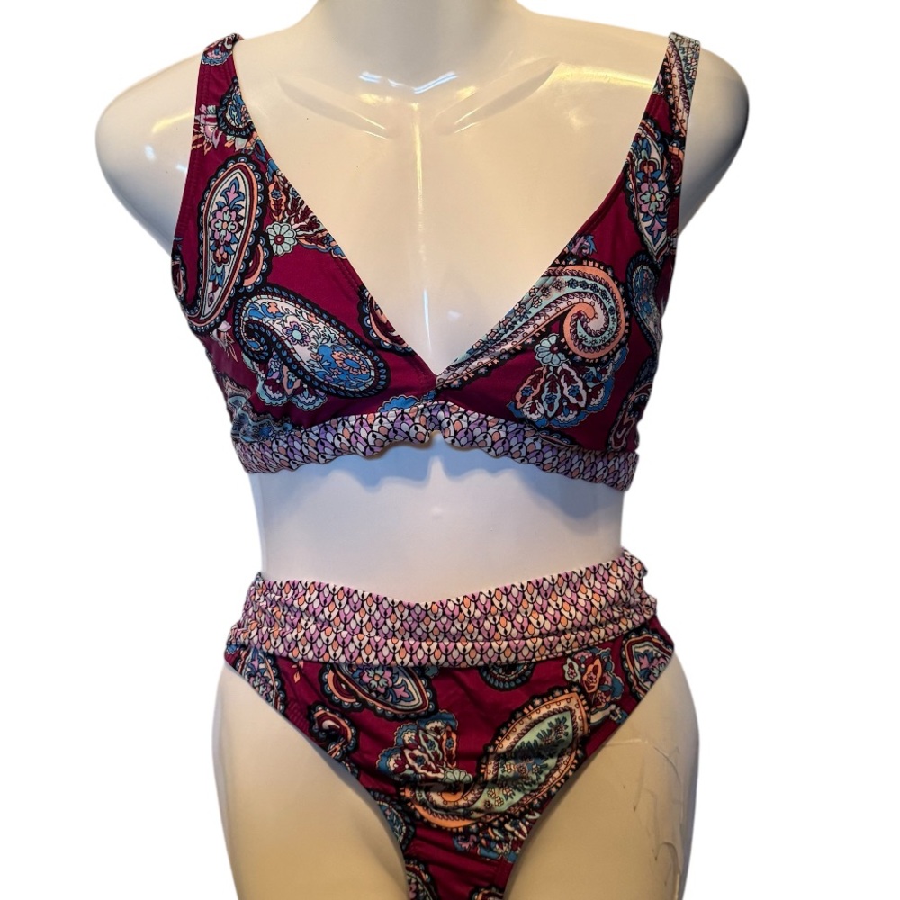 Alex Marie Two piece high waisted purple paisley print swimsuit